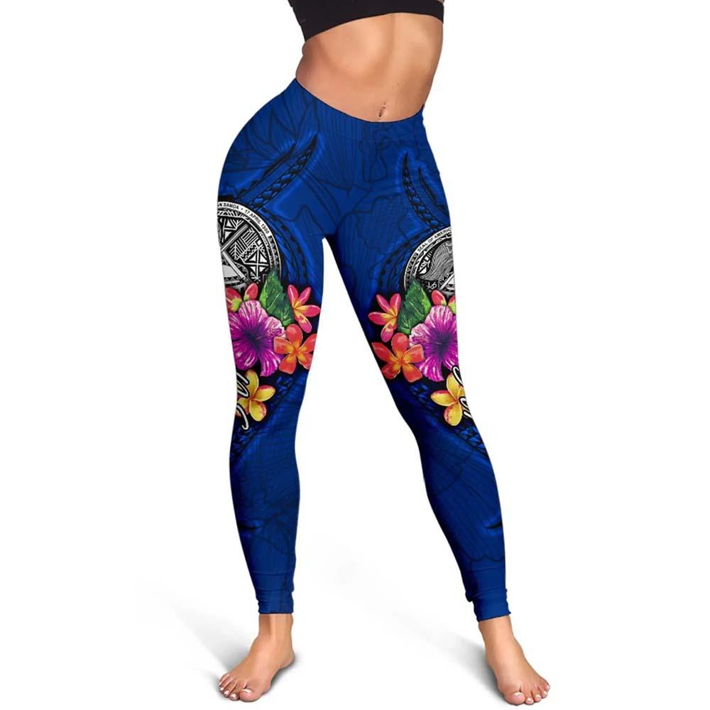 American Samoa Polynesian Legging - Floral With Seal Blue