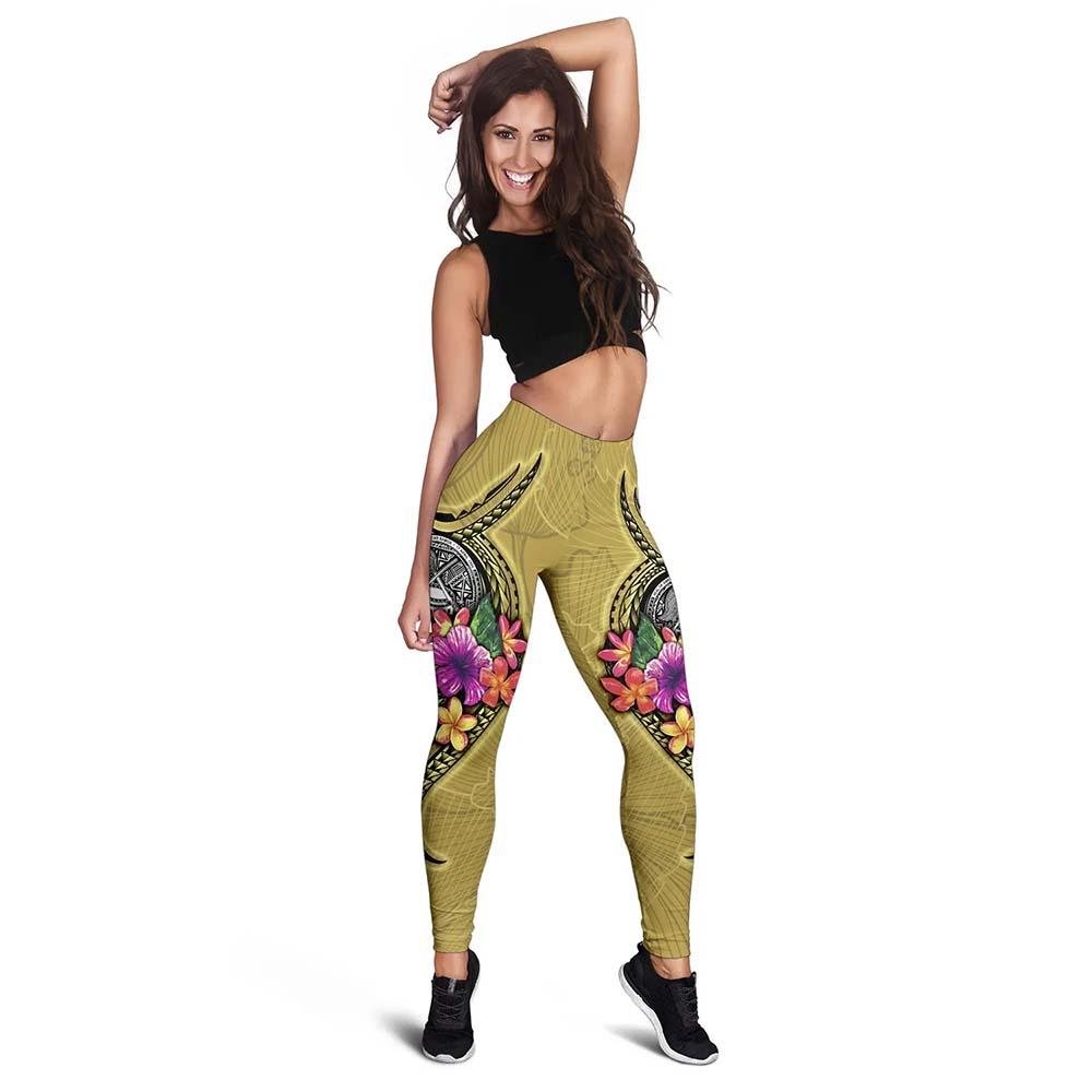 American Samoa Polynesian Legging - Floral With Seal Gold