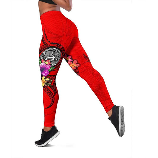 American Samoa Polynesian Legging - Floral With Seal Red