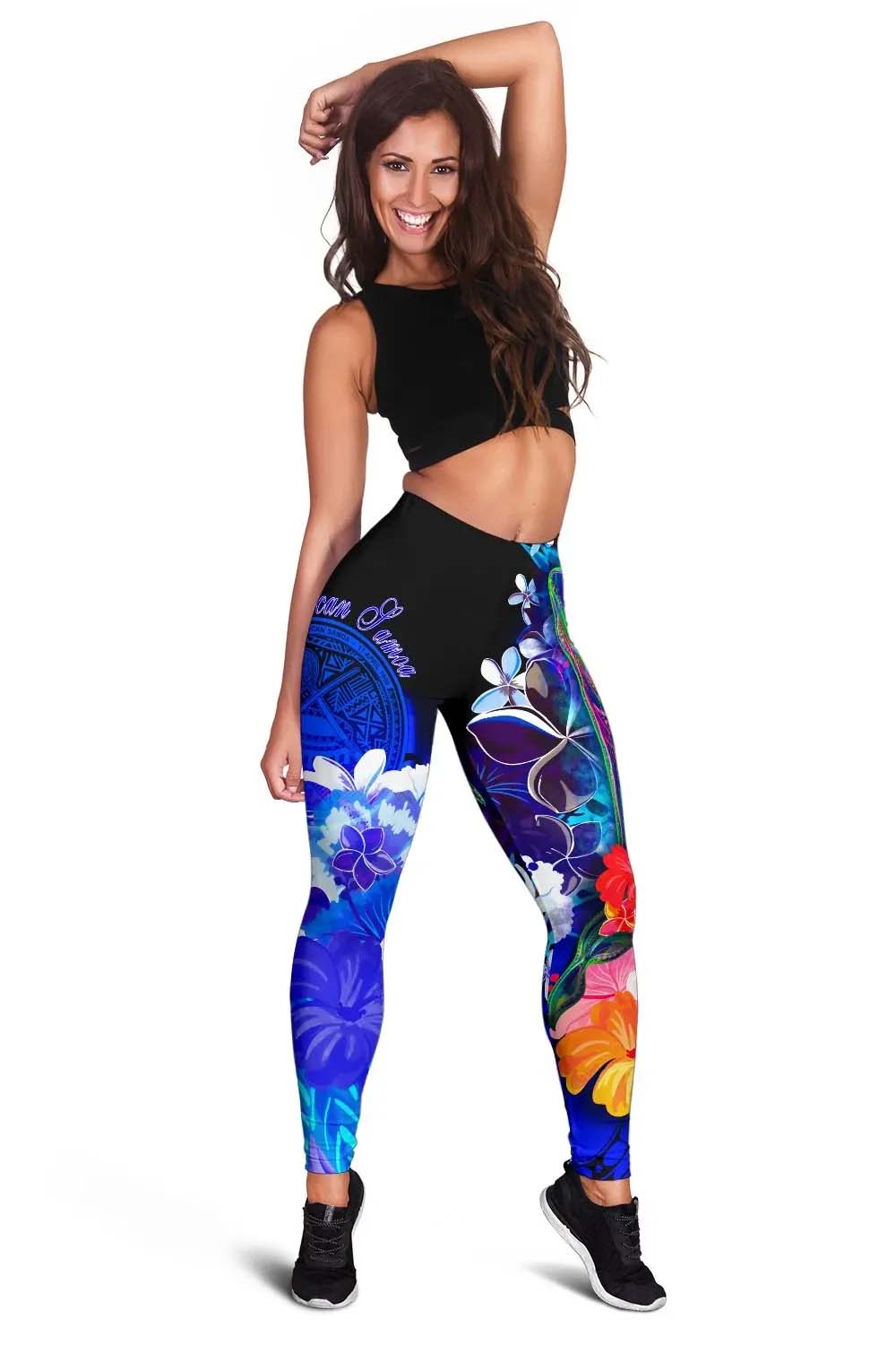 American Samoa Polynesian Legging - Humpback Whale with Tropical Flowers (Blue)