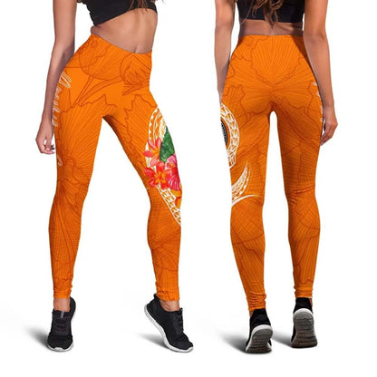 American Samoa Polynesian Legging - Orange Floral With Seal