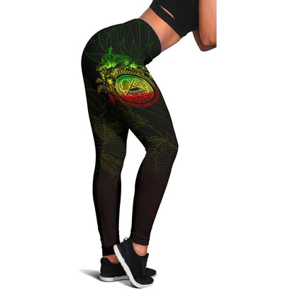 American Samoa Polynesian Legging - Reggae Turtle Hibiscus Flower Frame Vintage
