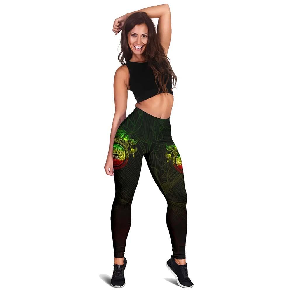 American Samoa Polynesian Legging - Reggae Turtle Hibiscus Flower Frame Vintage