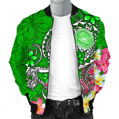 American Samoa Polynesian Bomber Jacket - Turtle Plumeria (Green)