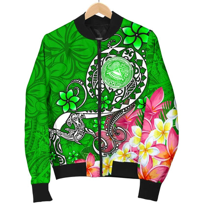 American Samoa Polynesian Bomber Jacket - Turtle Plumeria (Green)