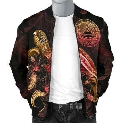 American Samoa Polynesian Bomber Jacket - Turtle With Blooming Hibiscus Gold