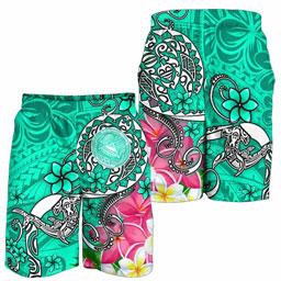 American Samoa Polynesian Men Shorts - Turtle Plumeria (Turquoise)