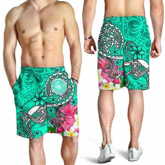 American Samoa Polynesian Men Shorts - Turtle Plumeria (Turquoise)