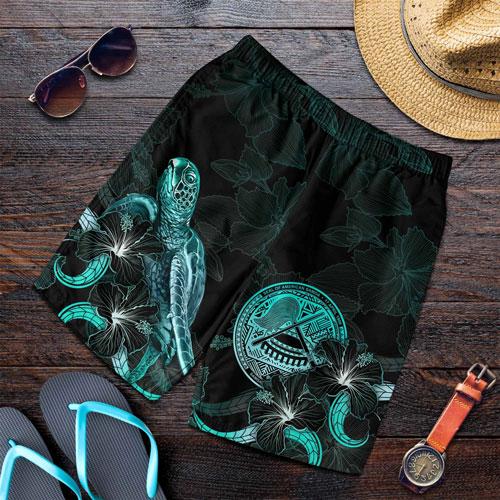 American Samoa Polynesian Men Shorts - Turtle With Blooming Hibiscus Turquoise