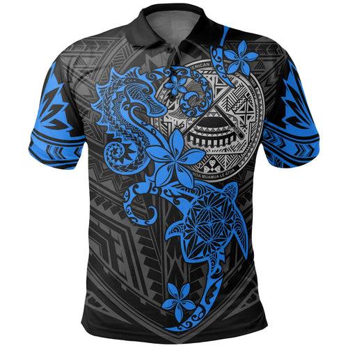 American Samoa Polynesian Polo Shirt - Blue Seahorse Turtle