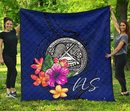 American Samoa Polynesian Premium Quilt - Floral With Seal Blue