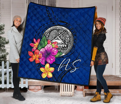 American Samoa Polynesian Premium Quilt - Floral With Seal Blue