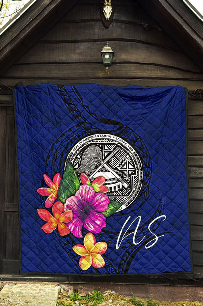 American Samoa Polynesian Premium Quilt - Floral With Seal Blue