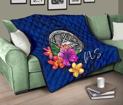 American Samoa Polynesian Premium Quilt - Floral With Seal Blue