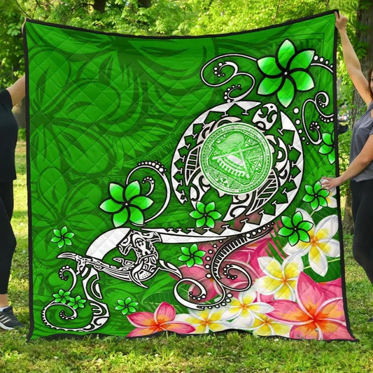 American Samoa Polynesian Premium Quilt - Turtle Plumeria (Green)