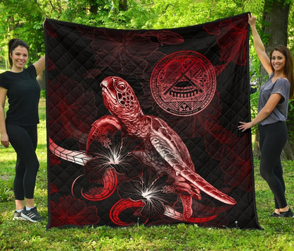 American Samoa Polynesian Premium Quilt - Turtle With Blooming Hibiscus Red