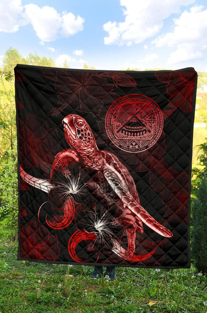 American Samoa Polynesian Premium Quilt - Turtle With Blooming Hibiscus Red