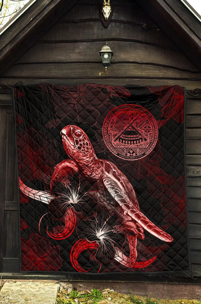 American Samoa Polynesian Premium Quilt - Turtle With Blooming Hibiscus Red