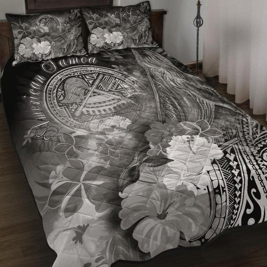 American Samoa Polynesian Quilt Bed Set - Humpback Whale with Tropical Flowers (White)