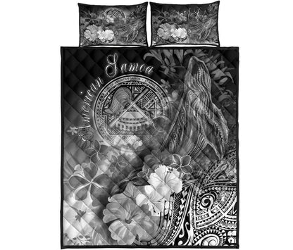 American Samoa Polynesian Quilt Bed Set - Humpback Whale with Tropical Flowers (White)