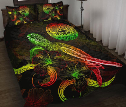 American Samoa Polynesian Quilt Bed Set - Turtle With Blooming Hibiscus Reggae