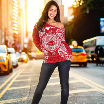 American Samoa Polynesian Shoulder Sweater Map Red White
