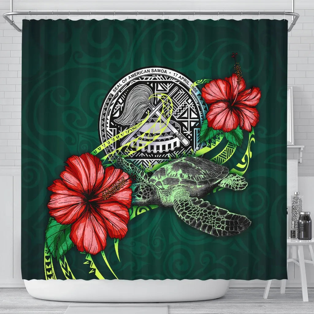 American Samoa Polynesian Shower Curtain - Green Turtle Hibiscus