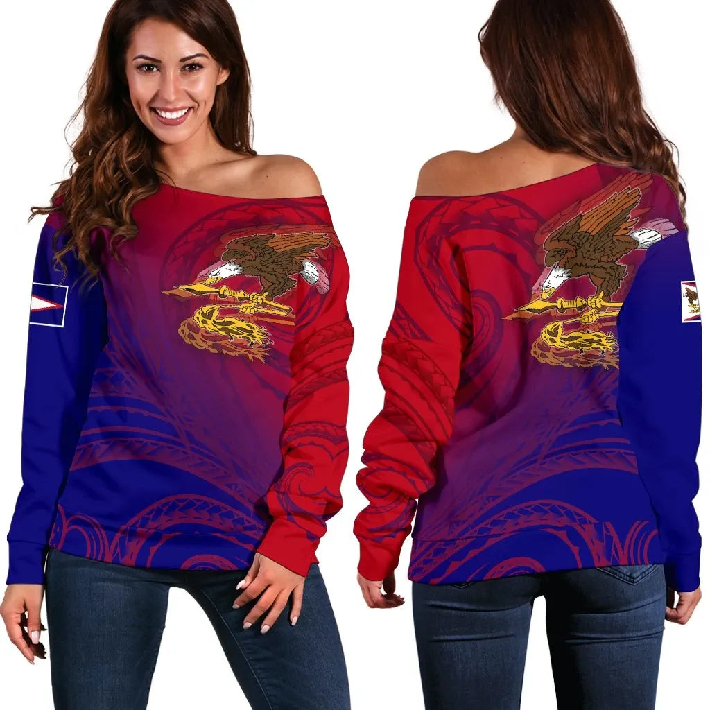 American Samoa Polynesian Women Off Shoulder Sweater - Bald Eagle (Blue - Red)