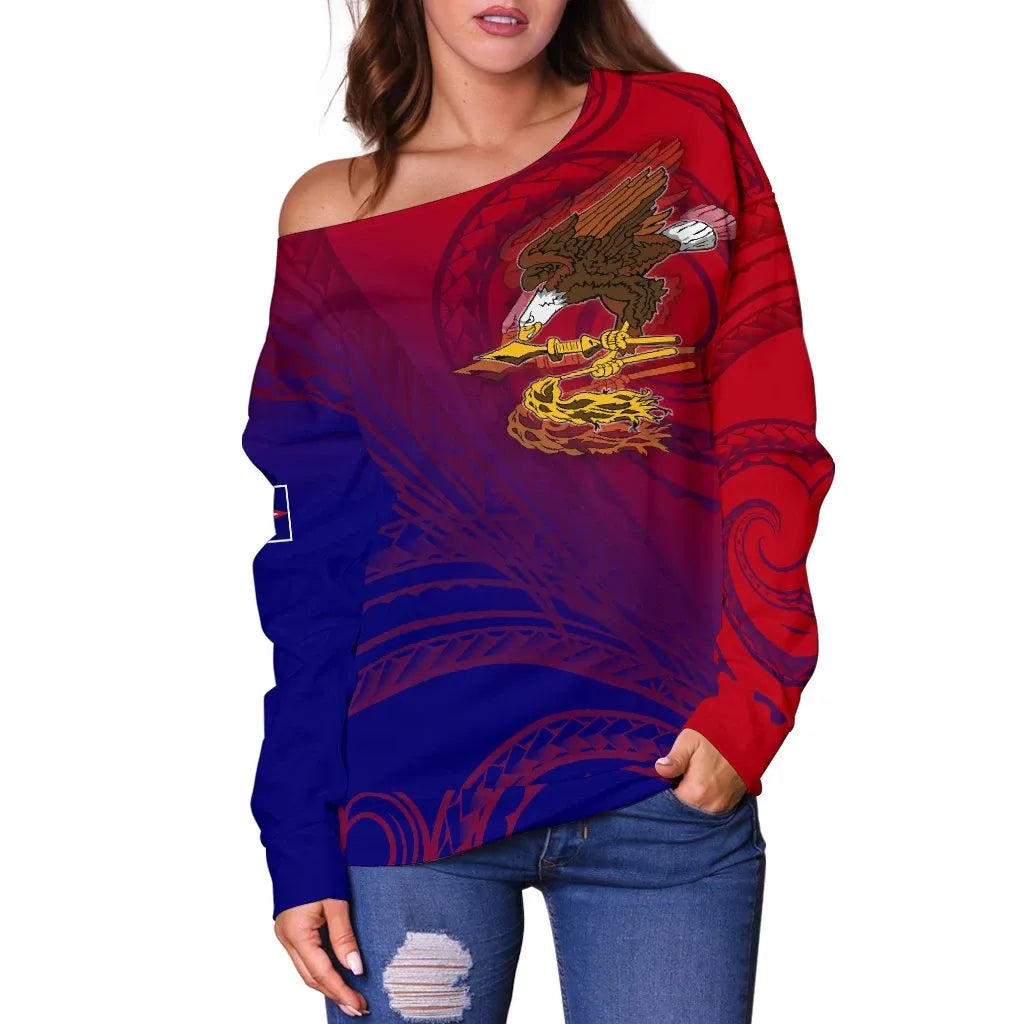 American Samoa Polynesian Women Off Shoulder Sweater - Bald Eagle (Blue - Red)