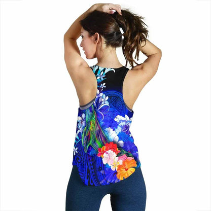 American Samoa Polynesian Women Racerback Tank - Humpback Whale with Tropical Flowers (Blue)