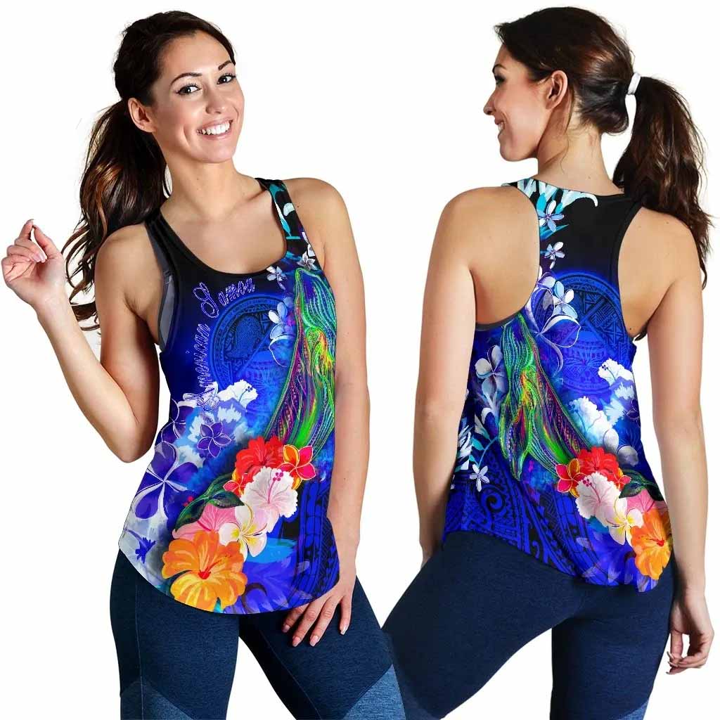 American Samoa Polynesian Women Racerback Tank - Humpback Whale with Tropical Flowers (Blue)