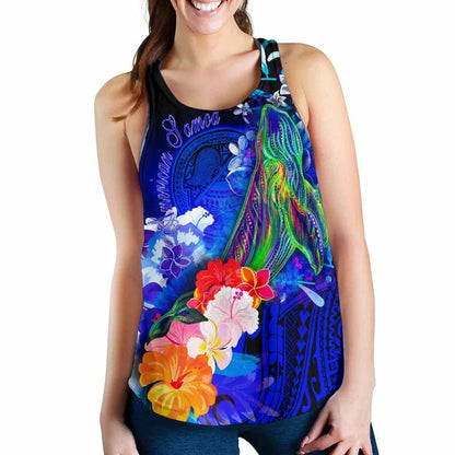 American Samoa Polynesian Women Racerback Tank - Humpback Whale with Tropical Flowers (Blue)