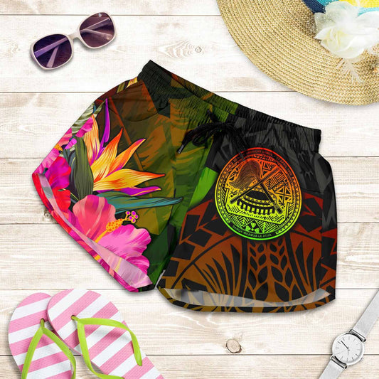 American Samoa Polynesian Women Shorts - Hibiscus and Banana Leaves