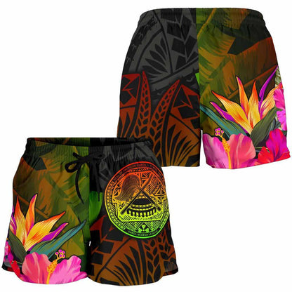 American Samoa Polynesian Women Shorts - Hibiscus and Banana Leaves
