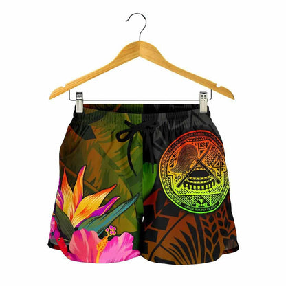 American Samoa Polynesian Women Shorts - Hibiscus and Banana Leaves