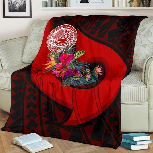 American Samoa Premium Blanket - Polynesian Hook And Hibiscus (Red)