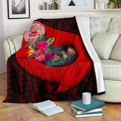 American Samoa Premium Blanket - Polynesian Hook And Hibiscus (Red)