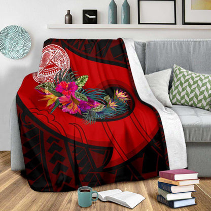 American Samoa Premium Blanket - Polynesian Hook And Hibiscus (Red)