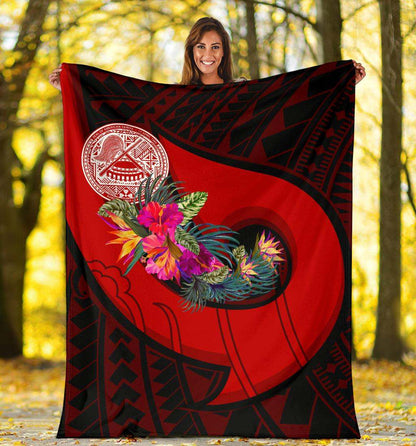 American Samoa Premium Blanket - Polynesian Hook And Hibiscus (Red)