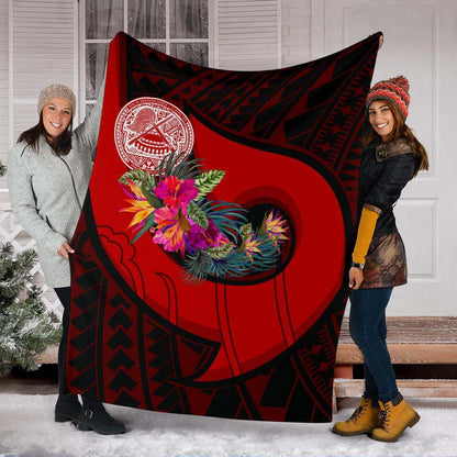 American Samoa Premium Blanket - Polynesian Hook And Hibiscus (Red)