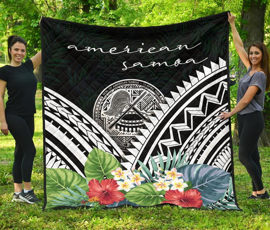 American Samoa Premium Quilt - American Samoa Coat of Arms & Polynesian Tropical Flowers White