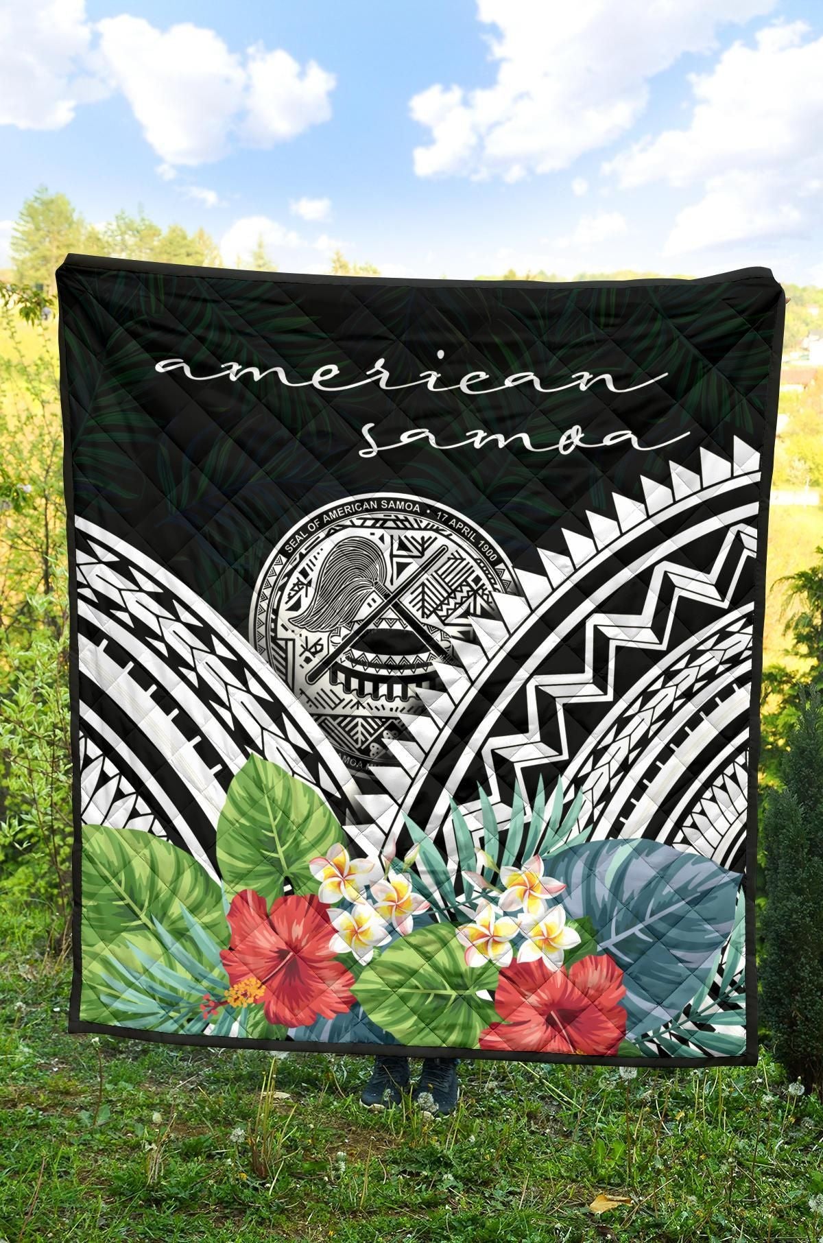 American Samoa Premium Quilt - American Samoa Coat of Arms & Polynesian Tropical Flowers White