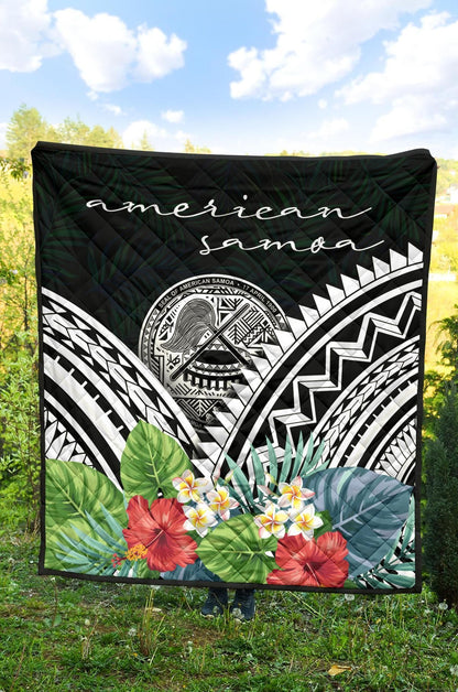 American Samoa Premium Quilt - American Samoa Coat of Arms & Polynesian Tropical Flowers White