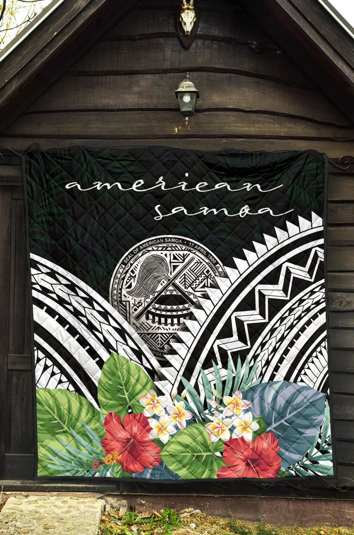 American Samoa Premium Quilt - American Samoa Coat of Arms & Polynesian Tropical Flowers White