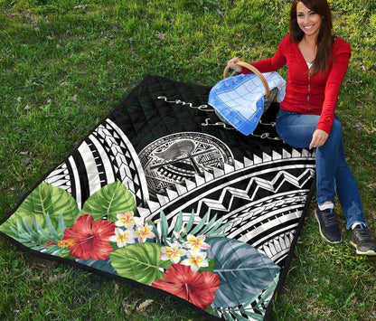 American Samoa Premium Quilt - American Samoa Coat of Arms & Polynesian Tropical Flowers White