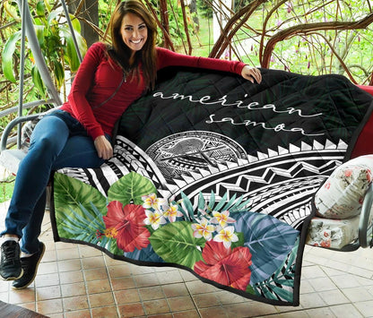 American Samoa Premium Quilt - American Samoa Coat of Arms & Polynesian Tropical Flowers White