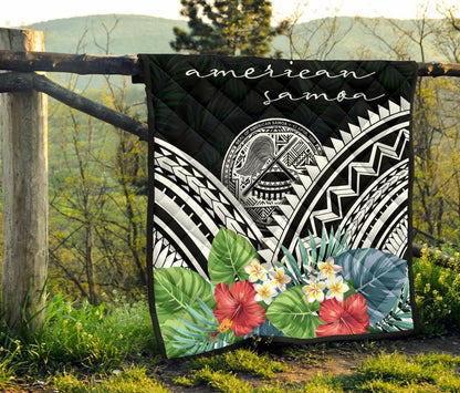 American Samoa Premium Quilt - American Samoa Coat of Arms & Polynesian Tropical Flowers White