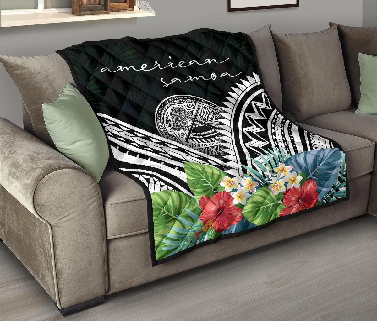 American Samoa Premium Quilt - American Samoa Coat of Arms & Polynesian Tropical Flowers White