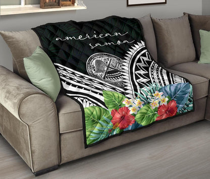 American Samoa Premium Quilt - American Samoa Coat of Arms & Polynesian Tropical Flowers White
