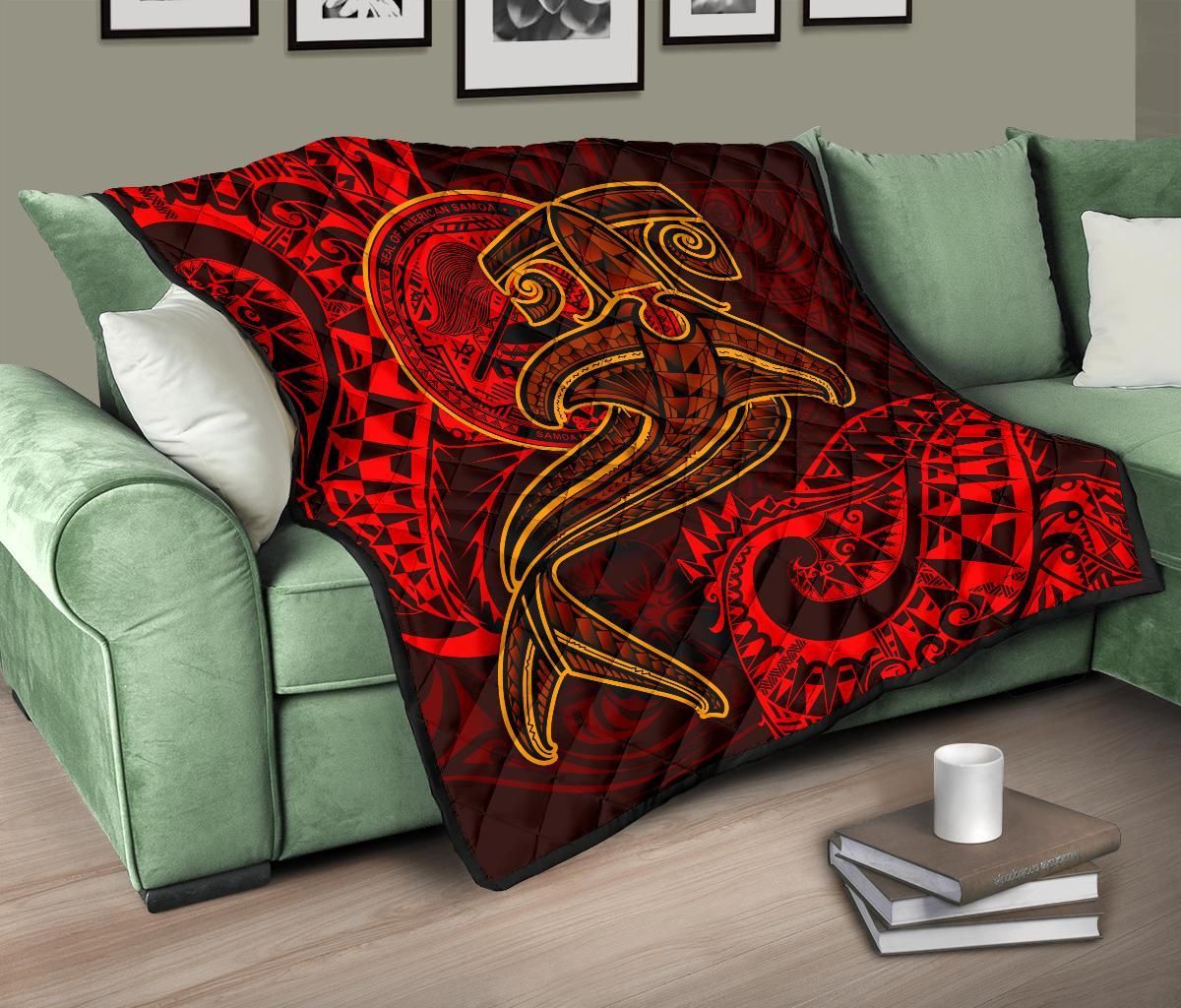 American Samoa Premium Quilt - Red Shark Polynesian Tattoo